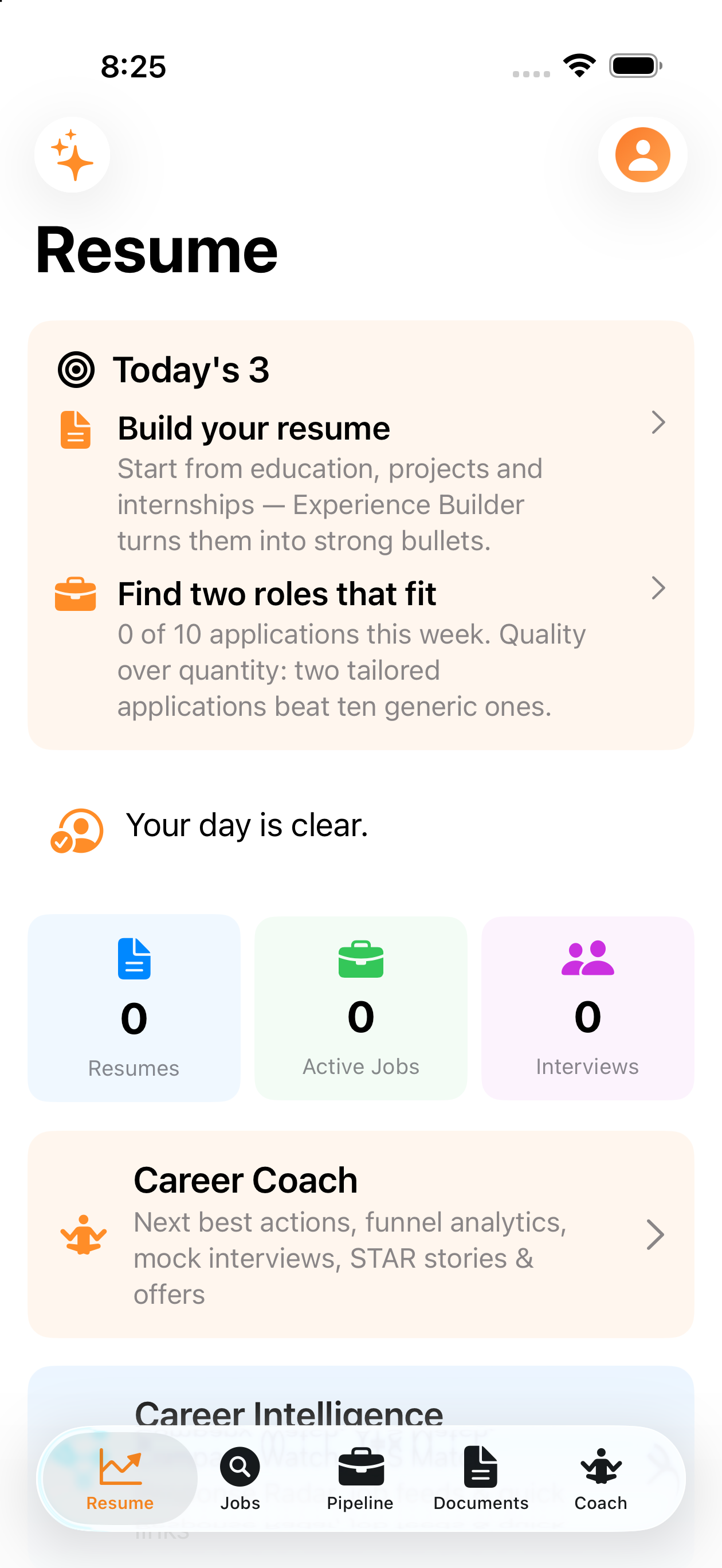 SI Career Coach on iPhone Air (iOS 26.4) — Resume, Pipeline, Jobs & Coach Academy