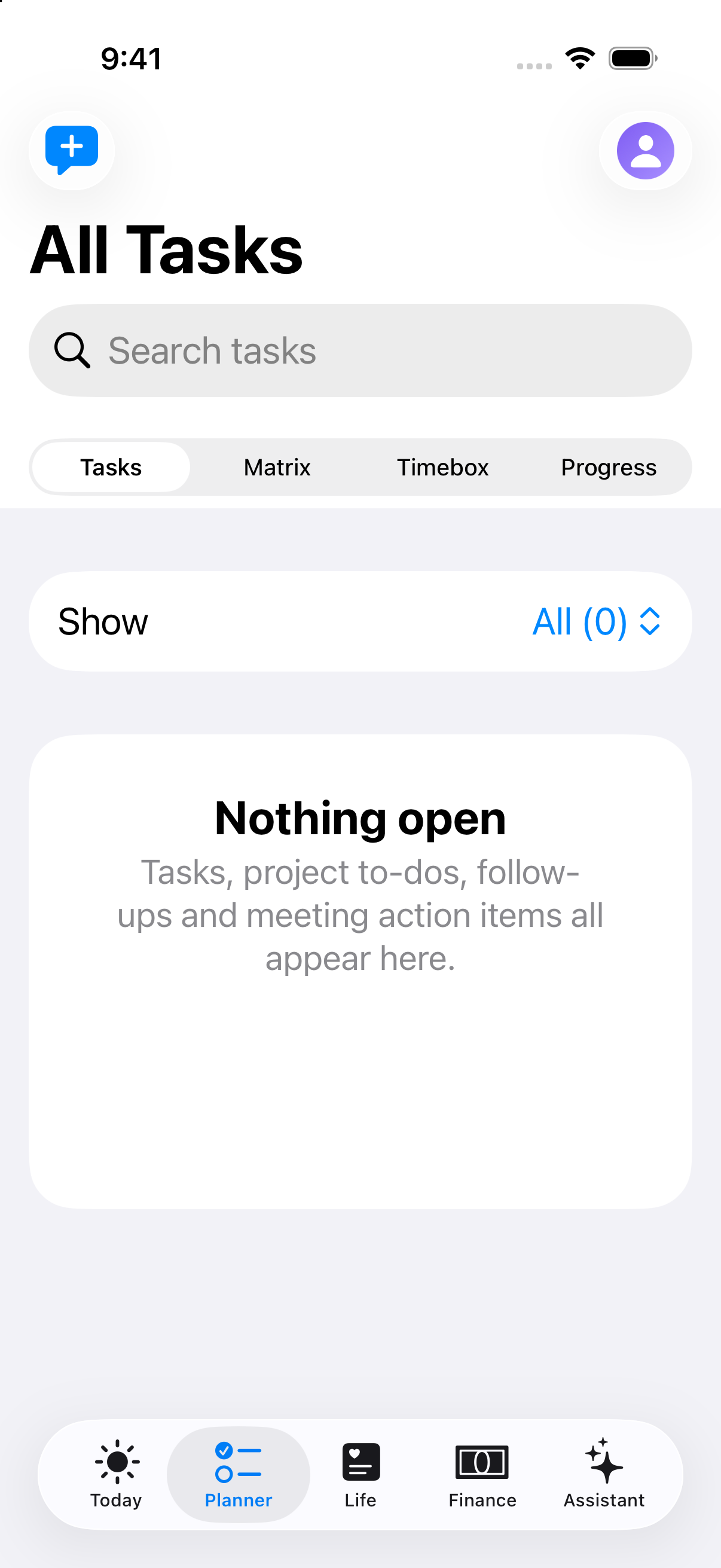 iOS Planner — Tasks | Matrix | Timebox | Progress Segmented Hub