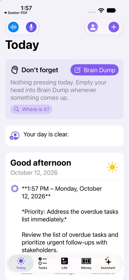 Today Briefing & 4-Pillar Life Score on iPhone