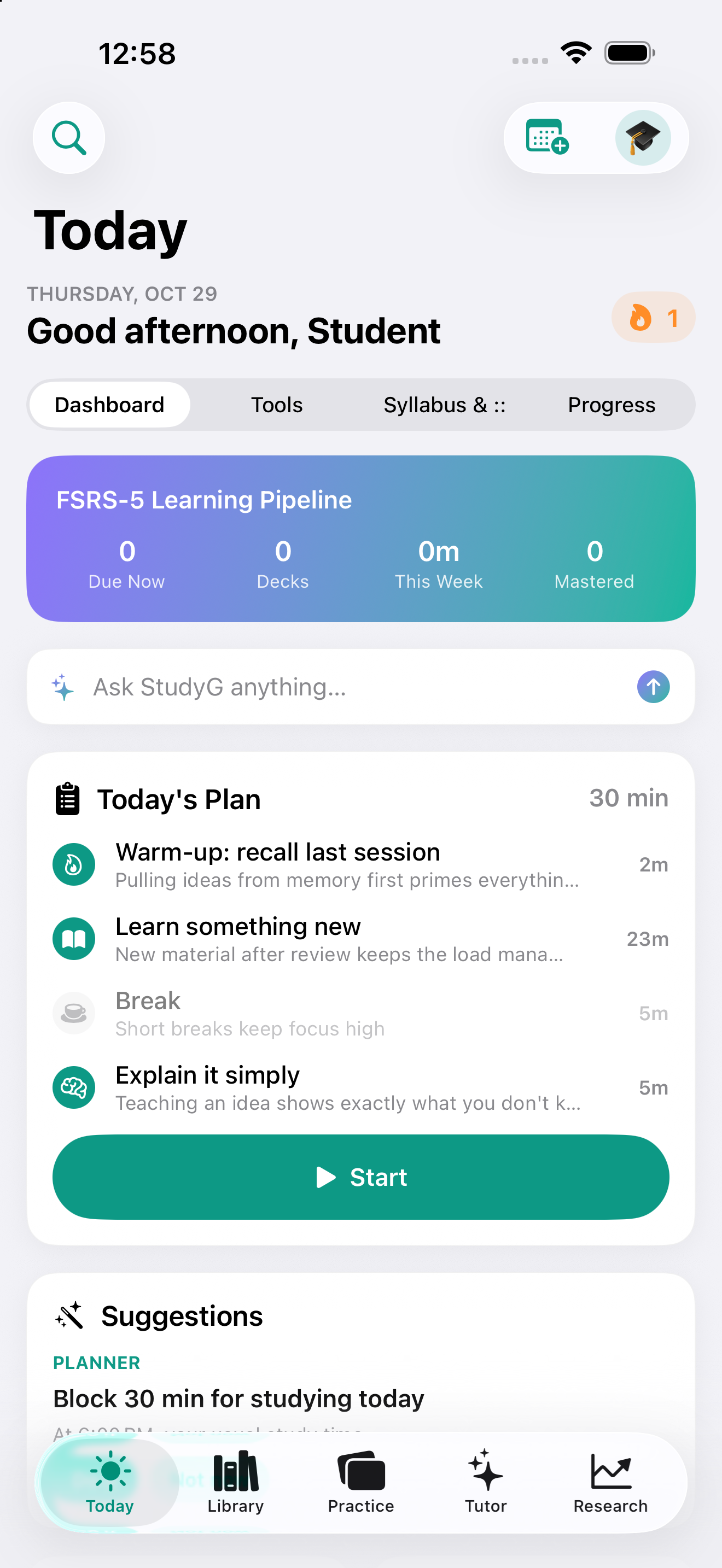iOS Today Hub — Dashboard | Tools | Syllabus & :: | Progress + FSRS-5 Pipeline Banner