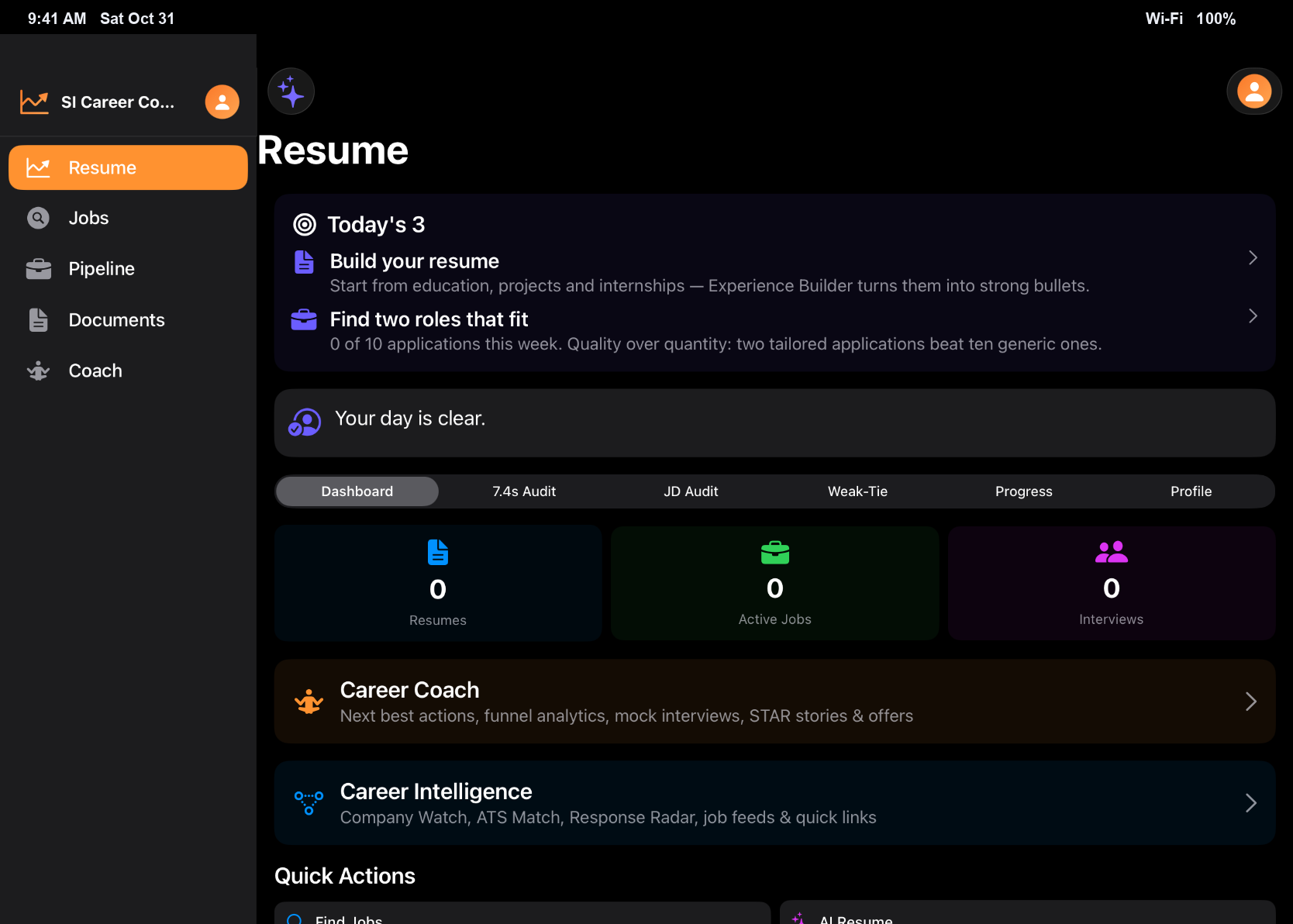 iPad Pro M5 Landscape — Resume Hub, 7.4s Audit, JD Audit & Weak-Tie Sub-Tabs