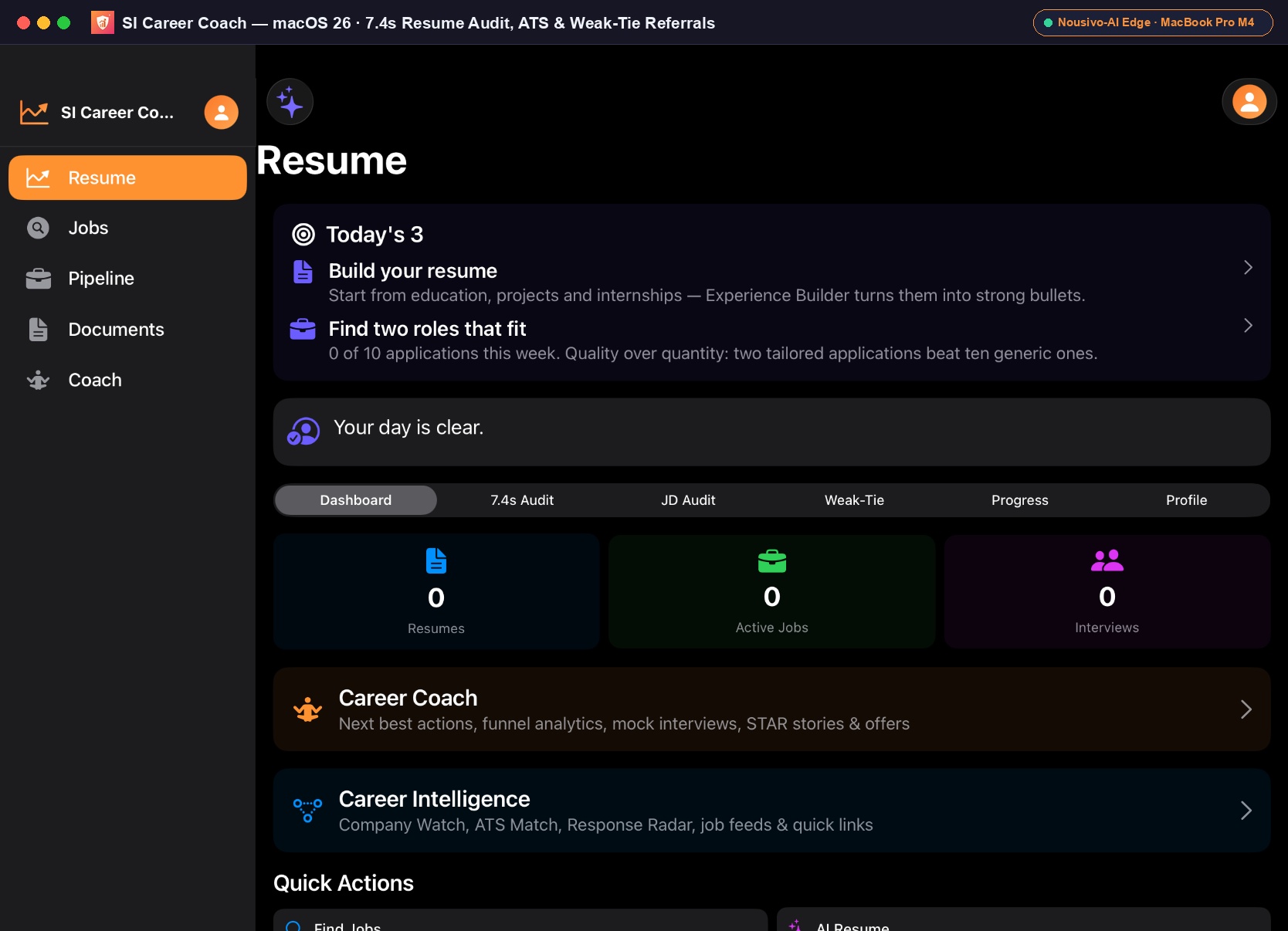 SI Career Coach on macOS 26 — Full Desktop Career Workspace