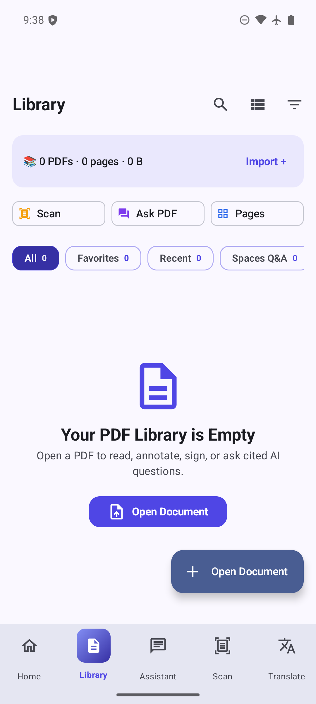 Library Hub — Document Spaces Multi-PDF Cited Q&A, Scan/Ask/Pages Strip & Open Document CTA