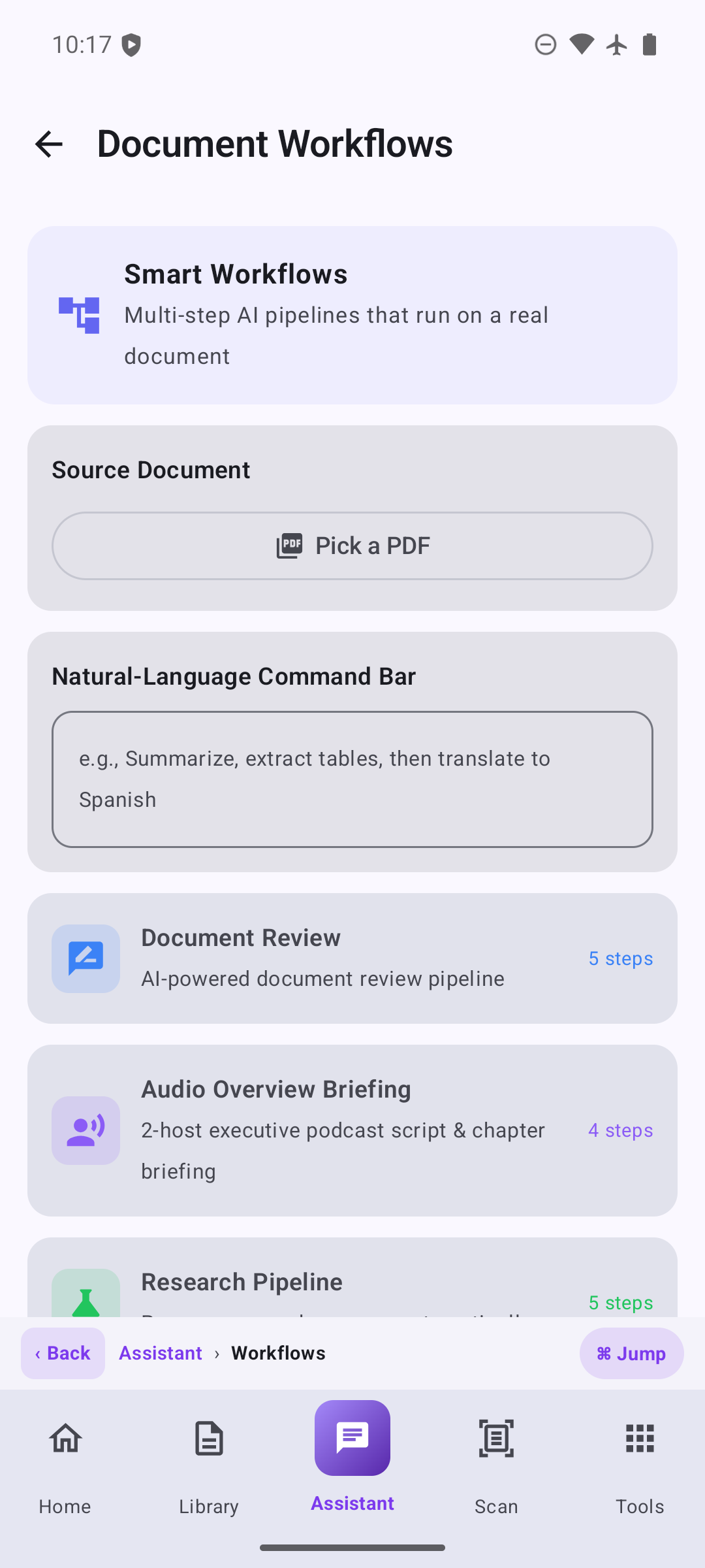 Document Workflows — Natural-Language Command Bar, Audio Overview & Docked Breadcrumb Bar