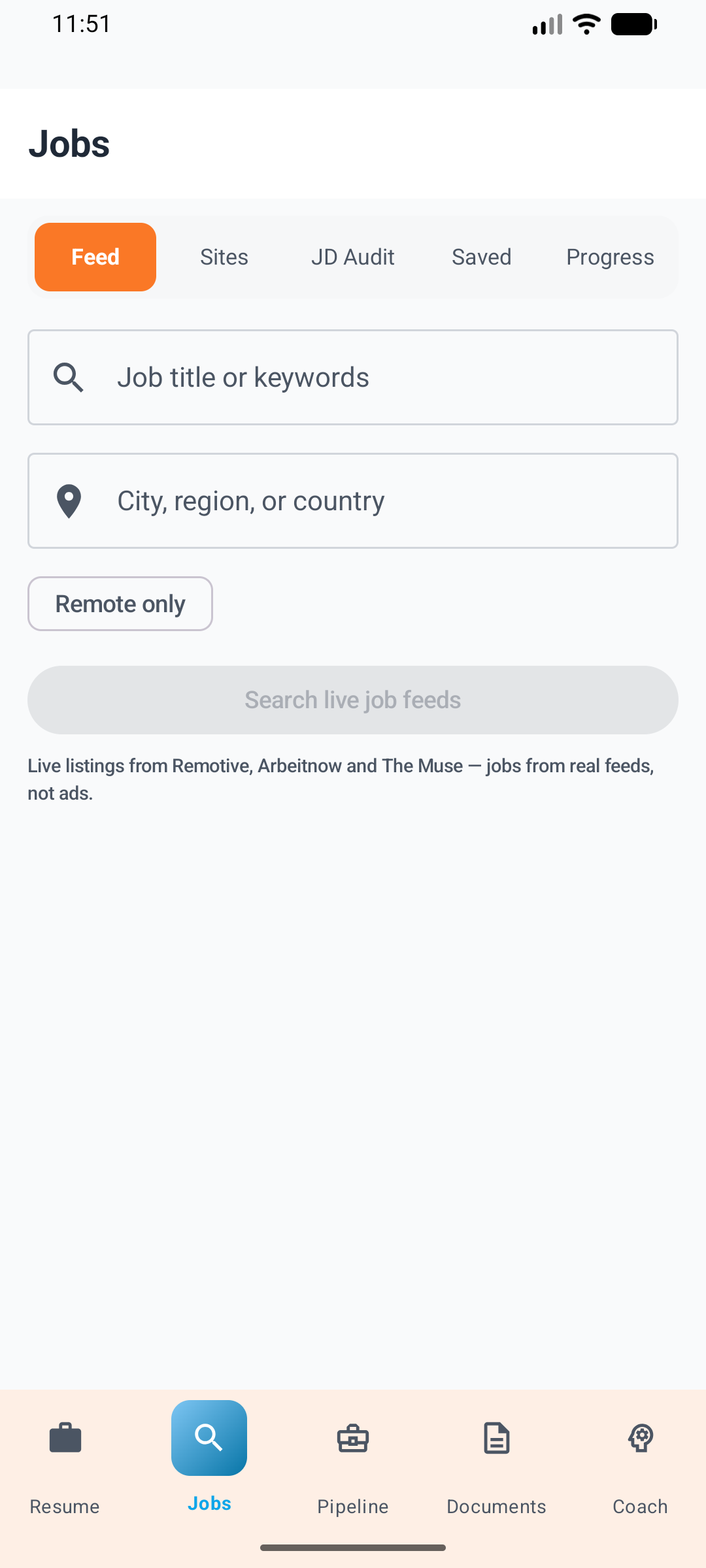 Jobs Hub — Live Feeds, Sites, Instant JD Scam & Ghost-Job Auditor, Saved & Kanfer Progress